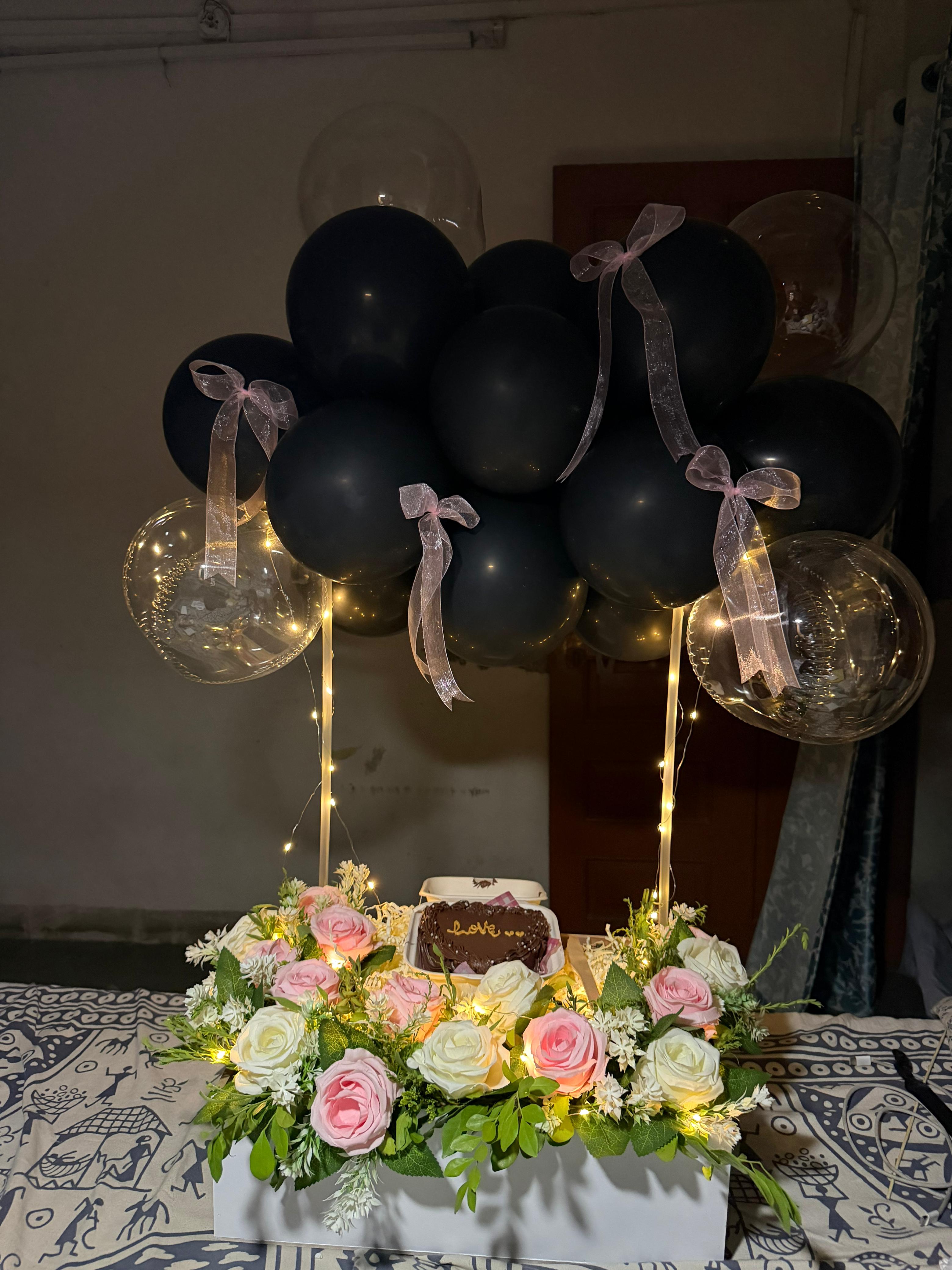 Balloon and flower gift hamper with cake